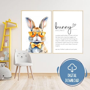 Bunny Watercolor Print Set: Baby Animal Dictionary Art (Digital Download)