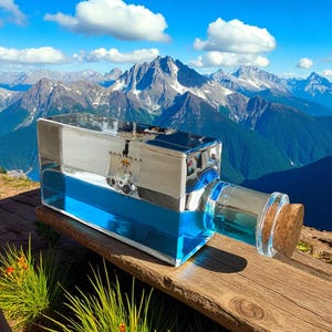 May include: A rectangular clear glass bottle filled with a vibrant blue liquid, sealed with a cork stopper. The bottle features a reflective silver-toned top section and a graphic print of a skull and crossbones wearing a straw hat.