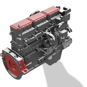 Puede incluir: Vista en ángulo de un motor diésel, predominantemente gris oscuro con detalles rojos. La parte superior del motor y el volante son rojos. La maquinaria compleja está sobre un fondo blanco, con una sombra proyectada debajo.