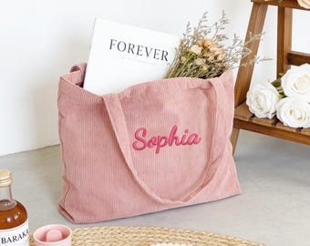 Personalized Embroidered Corduroy Tote,Custom Name Tote Bag, Traveling Handbag,Bridesmaid Gift