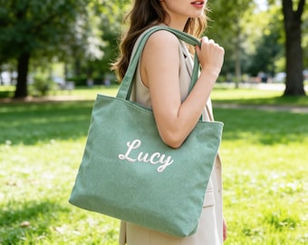 Personalised Corduroy Tote,Embroidered Bag,Traveling Handbag,Gift for Her