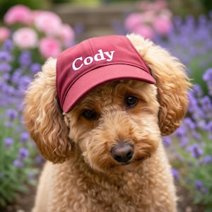 May include: A maroon baseball cap featuring the name Cody embroidered in white lettering on the front panel. The cap has a structured crown and a curved brim, designed to fit securely on the head of a small, curly-haired golden dog.