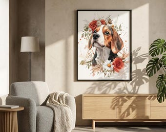 Retrato floral personalizado de perro en acuarela a partir de una foto, pintura personalizada de beagle, arte floral, idea de regalo, recuerdo conmemorativo para mascotas, decoración de pared