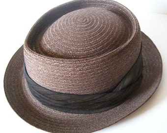 23 1/2" - Grand chapeau de paille vintage pour homme marron cuivré