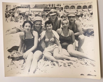 Vintage 8 x 10 Black & White Photo of Group of Friends on the Beach