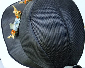 Vintage Women's  Black Panama Straw with Flowers Women's Hat