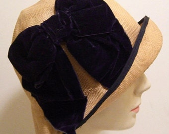 1920's Women's Panama Summer Straw Vintage Cloche with Blue Bow
