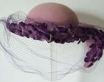 22 1/2" - Vintage ADRIENNE 1940s Purple Floral Pink Woman's Hat