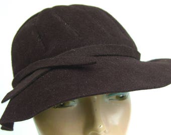 22" - chapeau vintage des années 30 en feutre de fourrure marron chocolat pour femme