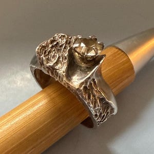 Op de afbeelding: Een zilveren ring met een textuurontwerp en een centrale edelsteen. De ring heeft een gedetailleerd, gebeeldhouwd uiterlijk, met een ruwe, organische textuur. De edelsteen is gefacetteerd.