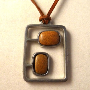 Modernist ROLAND LANDERHOLM tenn pewter and stones pendant and leather necklace Sweden