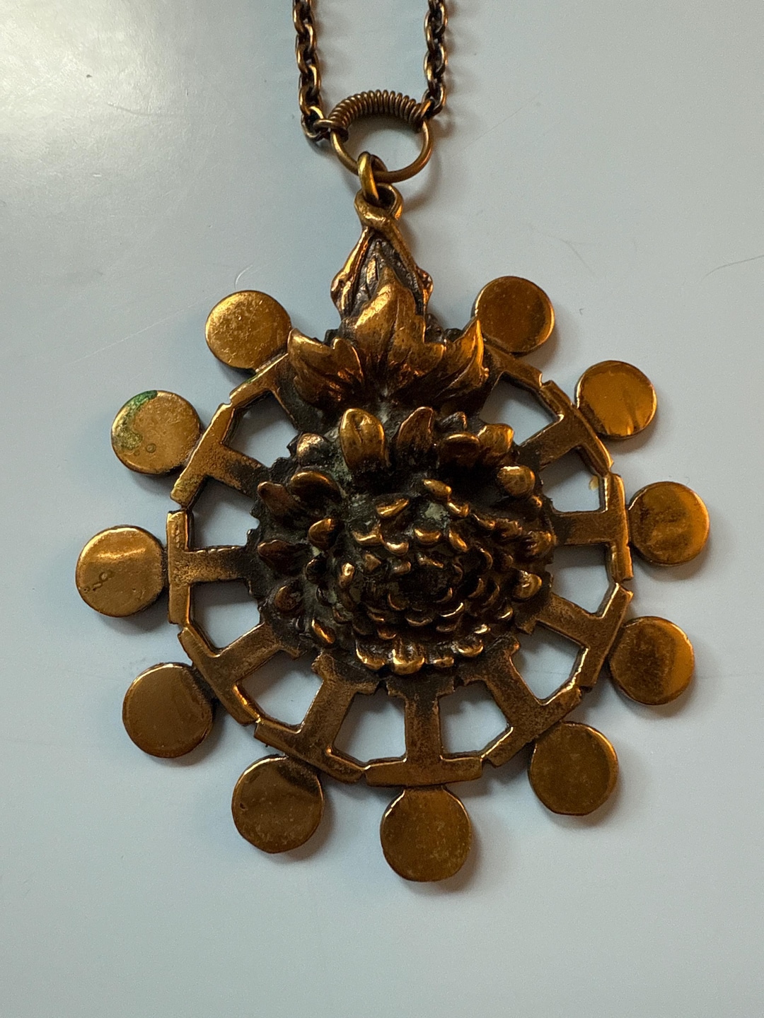 Vintage Pentti Sarpaneva Bronze Pendant and Chain Sunflower