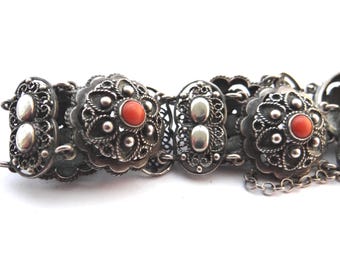 Vintage Dutch 33 grams signed silver 835S and blood coral bracelet The Netherlands