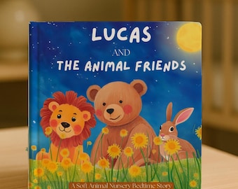 Puede incluir: Un libro infantil titulado "Lucas y los amigos animales" se muestra sobre una superficie de madera. La portada presenta ilustraciones de un león, un oso y un conejo entre girasoles bajo un cielo nocturno con luna llena. El libro es un cuento para dormir de animales.