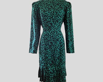 Vestido vintage de seda verde e preta, plissado, manga comprida, bolinhas, anos 80 - M