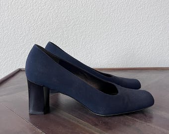 Escarpins minimalistes bleu marine à bout carré et talons blocs, style années 1990, pointure femme 6,5B