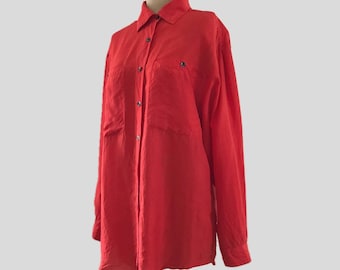Vintage 90s Red Silk Long Sleeve Oversized Collared Blouse, Women's Size S