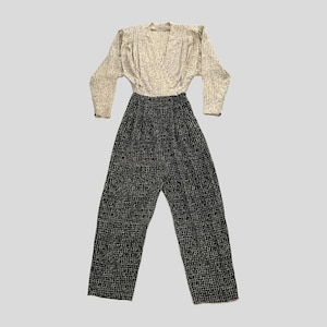 Vintage 1980s Liz Claiborne Black Cream Satin Geometric Long Sleeve Chic Jumpsuit - 8