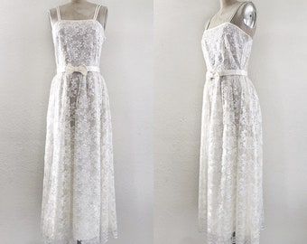Vintage Ivory Romantic Lace Satin A Line Midi Dress Victorian Wedding - XS/S