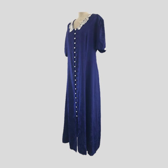 Vintage Miss Dorby 80s Royal Blue Floral Cottage Core Crochet Midi Dress L/XL