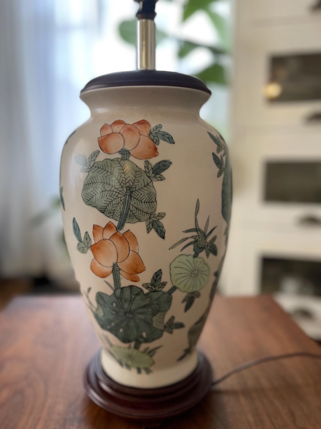 Vintage Asian Lamp White Lotus Flower With Green Botanical Painted Lamp ...