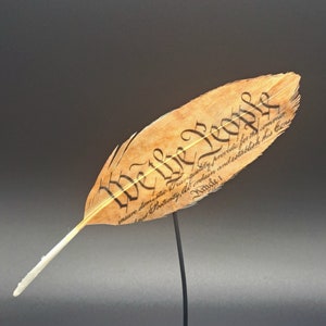 May include: A brown feather with the text "We the People" printed on it. The text is from the preamble of the United States Constitution.