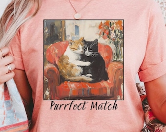 Cat Couple Anniversary Gift, T-shirt for Cat Lovers, Perfect Match Couple Tee, Cat Gift for Girlfriend, Couple's T-shirt