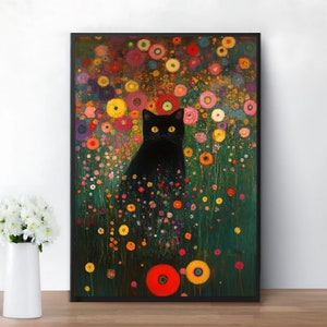 グスタフ・クリムト 黒猫ポスター | クリムトの花猫ポスター | 黒猫アート | ガーデンプリント | 面白い猫プリント | 面白いギフト | 室内装飾ポスター