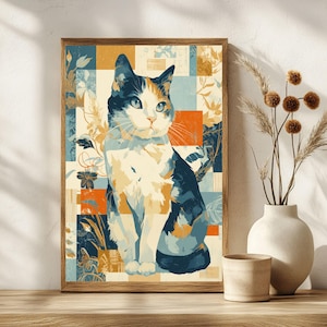 Mid Century Modern Cat Art Print | Colorful Abstract Cat Poster | Retro Wall Art Decor | Unique Cat Lover Gift | Vintage Style