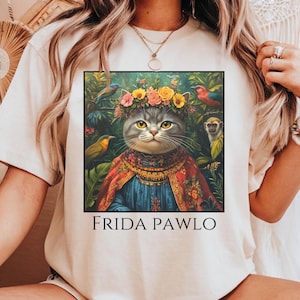 Frida Pawlo Cat Tshirt | Funny Cat Shirt | Vintage Boho Floral T-Shirt | Gift for Cat Lovers and Art Lovers | Flowers Shirt