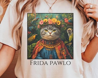 フリーダ・パウロの猫Tシャツ | おもしろ猫シャツ | ヴィンテージボヘミアンフローラルTシャツ | 猫好きとアート好きへのギフト | 花柄シャツ