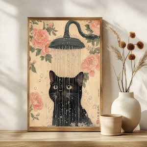 Black Cat Japanese Art Print | Shower Cat Digital Download | Cat Lover Wall Art | Pet Owner Gift | Oriental Style Decor | Digital Art Print