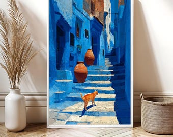 Morocco Stairway Digital Art Print | Impasto Style Moroccan Decor | Mediterranean Wall Art | Bohemian Home Accent | Unique Travel Gift