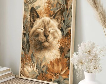 Puede incluir: Una impresión artística enmarcada que presenta un gato sereno con los ojos cerrados, rodeado de elementos botánicos en tonos marrones, beige y verdes. La obra de arte tiene una estética vintage, con un marco de madera clara. El gato es el punto focal, que irradia calma.