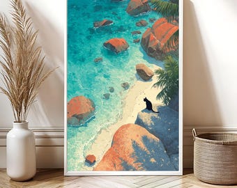 Tropical Black Cat Art Print | Exotic Jungle Cat Poster | Modern Decor Wall Art | Cat Lover Gift | Bold Tropical Style Dopamine Decor