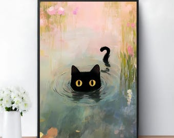 Monet Waterlily Cat Print, Claude Monet Cat Poster, Cat Art, Floral Print, Wall Art, Monet Office Wall Decor, Living Room Wall Art, Cat Gift