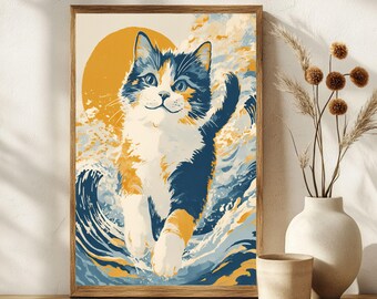 Japanese Summer Wave Cat Art | Ukiyo-e Style Cat Print | Seasonal Summer Decor | Cat Lovers Gift | Japandi Art Digital Download