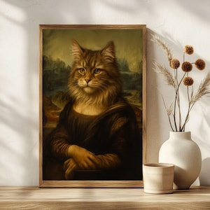 Mona Lisa Cat Art Print | Digital Download | Cat Lover Wall Art | Fun Pet Owner Decor | Whimsical Renaissance Style | Vintage Art Cat Poster