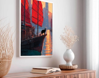 Victoria Harbor Sunset Art Print | Modern Seascape Poster | Coastal Wall Art | Nautical Gift | Evening Tranquility Decor