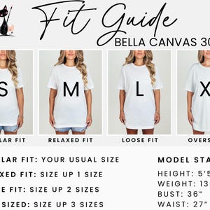 K&ouml;nnte beinhalten: Eine Gr&ouml;&szlig;entabelle f&uuml;r Bella Canvas 3001 T-Shirts, die vier Models in verschiedenen Gr&ouml;&szlig;en zeigt: S, M, L und XL. Die Tabelle enth&auml;lt Passformbeschreibungen: Regular Fit, Relaxed Fit, Loose Fit und Oversized. Die Modelma&szlig;e sind ebenfalls angegeben: Gr&ouml;&szlig;e: 1,65 m, Gewicht: 59 kg, Brustumfang: 91 cm, Taillenumfang: 69 cm.