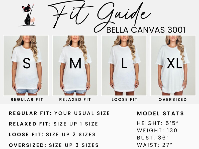 K&ouml;nnte beinhalten: Eine Gr&ouml;&szlig;entabelle f&uuml;r Bella Canvas 3001 T-Shirts, die vier Models in verschiedenen Gr&ouml;&szlig;en zeigt: S, M, L und XL. Die Tabelle enth&auml;lt Passformbeschreibungen: Regular Fit, Relaxed Fit, Loose Fit und Oversized. Die Modelma&szlig;e sind ebenfalls angegeben: Gr&ouml;&szlig;e: 1,65 m, Gewicht: 59 kg, Brustumfang: 91 cm, Taillenumfang: 69 cm.
