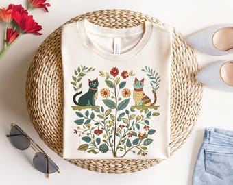 Vintage 90s Cottagecore Cat T-Shirt, Plant Lover Shirt, Cats and flowers, Gardner Sweater, Retro Kitten Sweatshirt, Cat Gift, Folk Art Shirt