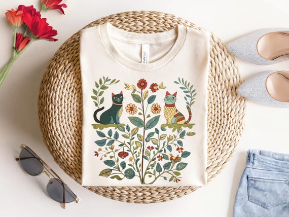Vintage 90s Cottagecore Cat T-Shirt, Plant Lover Shirt, Cats and flowers, Gardner Sweater, Retro Kitten Sweatshirt, Cat Gift, Folk Art Shirt