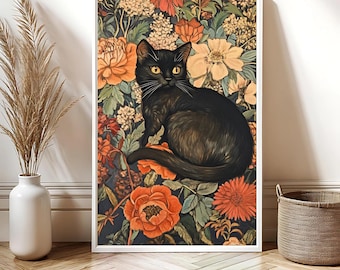 William Morris Cat Print, Vintage Floral Wall Art, Cat Decor for Home, Cat Lover Gift, Black Cat Wall Poster for Living Room or Bedroom