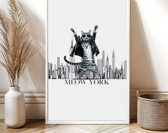 Meow York Cat Print, Funny New York City Cat Wall Art, Cool Cat Print, NYC Decor, Cat Art for Living Room, Funny Cat Art