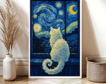 Starry Night Cat Art Print | Van Gogh Style Cat Decor | Celestial Cat Wall Art | Cosmic Cat Lover Gift | Modern Impressionist Decor