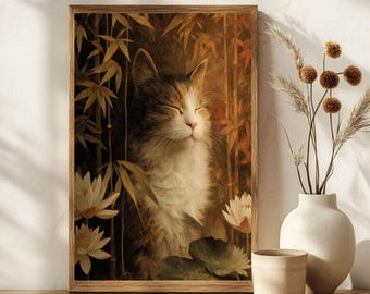 Goldene Renaissance Katze Kunstdruck | Friedliche Katze Digitaler Download | Serene Wandkunst | Geschenk für Katzenliebhaber | Klassische Wohnkultur