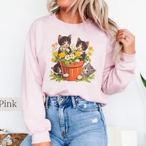 May include: A soft pink sweatshirt with a graphic of three kittens in a flower pot. The kittens are black and white with yellow flowers around them.