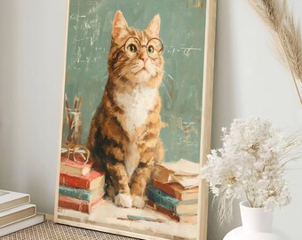 Professor Cat Art Print | Book Lover Digital Download | Back to School Wall Art | Cat Lover Gift | Academic Decor | Book Lover Art