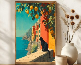 Amalfi Coast Black Cat Digital Art Print | Mediterranean Cat Poster | Coastal Summer Wall Art | Cat Lover Decor | Whimsical Travel Gift